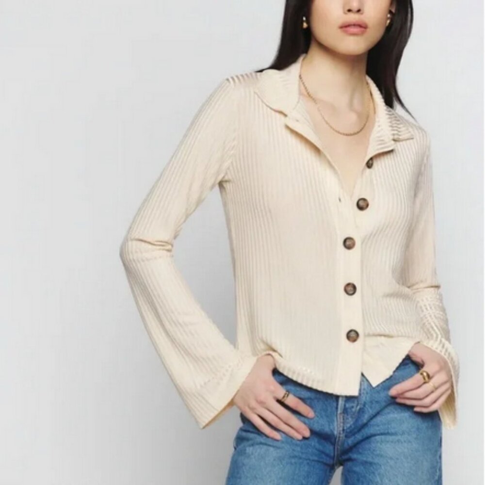 Reformation Long Sleeve Polo Ribbed Knit Top